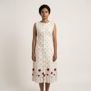 Sleeveless button-down A-line midi dress (printed cotton)